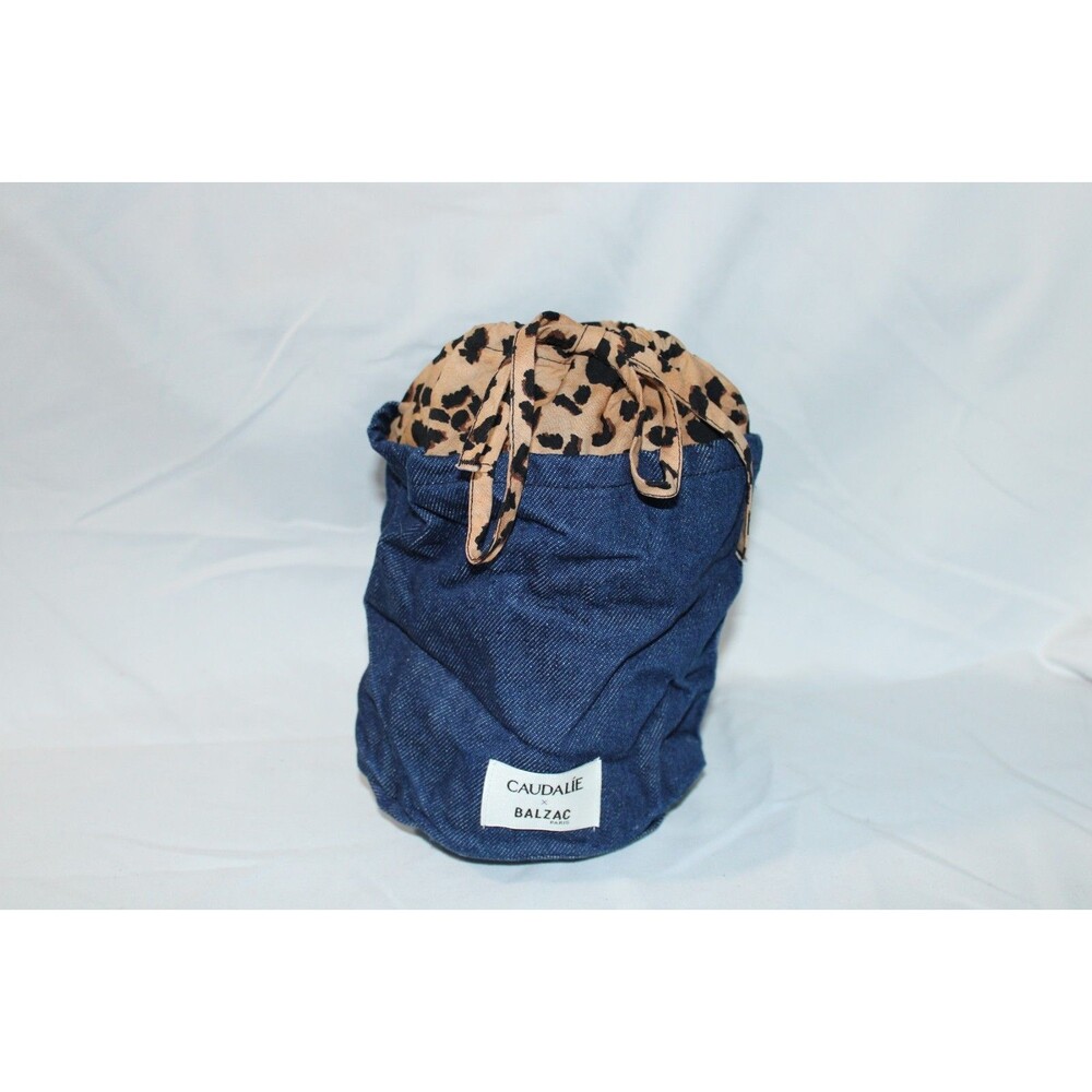 Caudalie x Balzac Paris Cosmetic Pouch Bag Denim Cheeta Print Small Drawstring